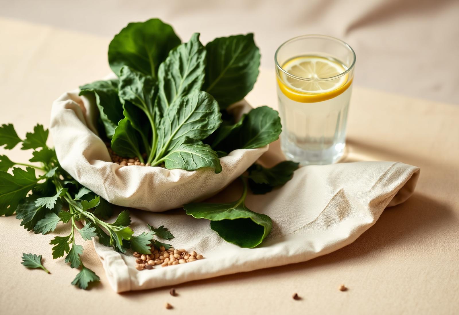 Fresh greens, grains, and a glass of lemon water on linen